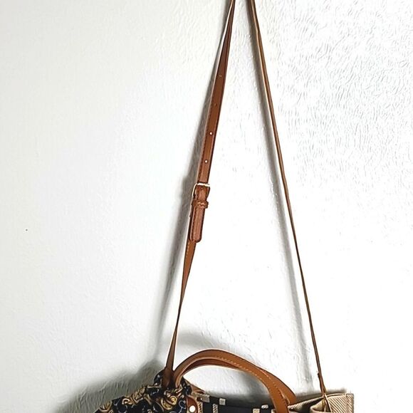 Khaki Purse w/Navy Blue Stripes, Scarf is Gold/Navy, Camel Straps/Handles NWOT - Picture 3 of 10
